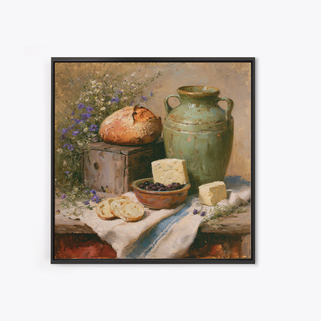Rustic Bread Olives and Cheese Still Life Framed Canvas Print, Dining Room Art, Kitchen Prints, Dining Room Decor, Dining, DRA-1x1-78