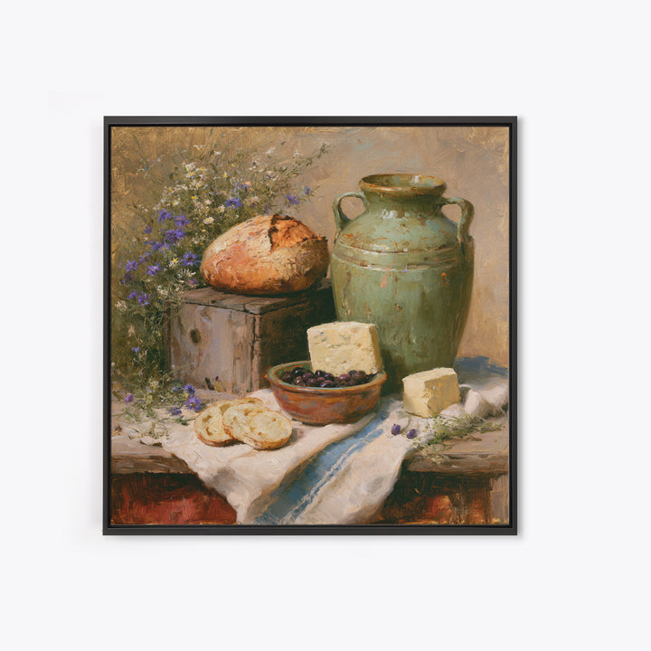 Rustic Bread Olives and Cheese Still Life Framed Canvas Print, Dining Room Art, Kitchen Prints, Dining Room Decor, Dining, DRA-1x1-78