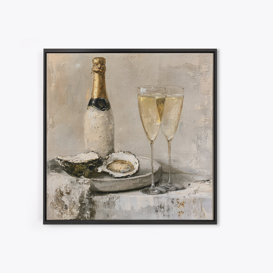 Elegant Oyster and Champagne Still Life Framed Canvas Print, Dining Room Art, Dining Room Decor, Oil Painting, Dining, DRA-1x1-79