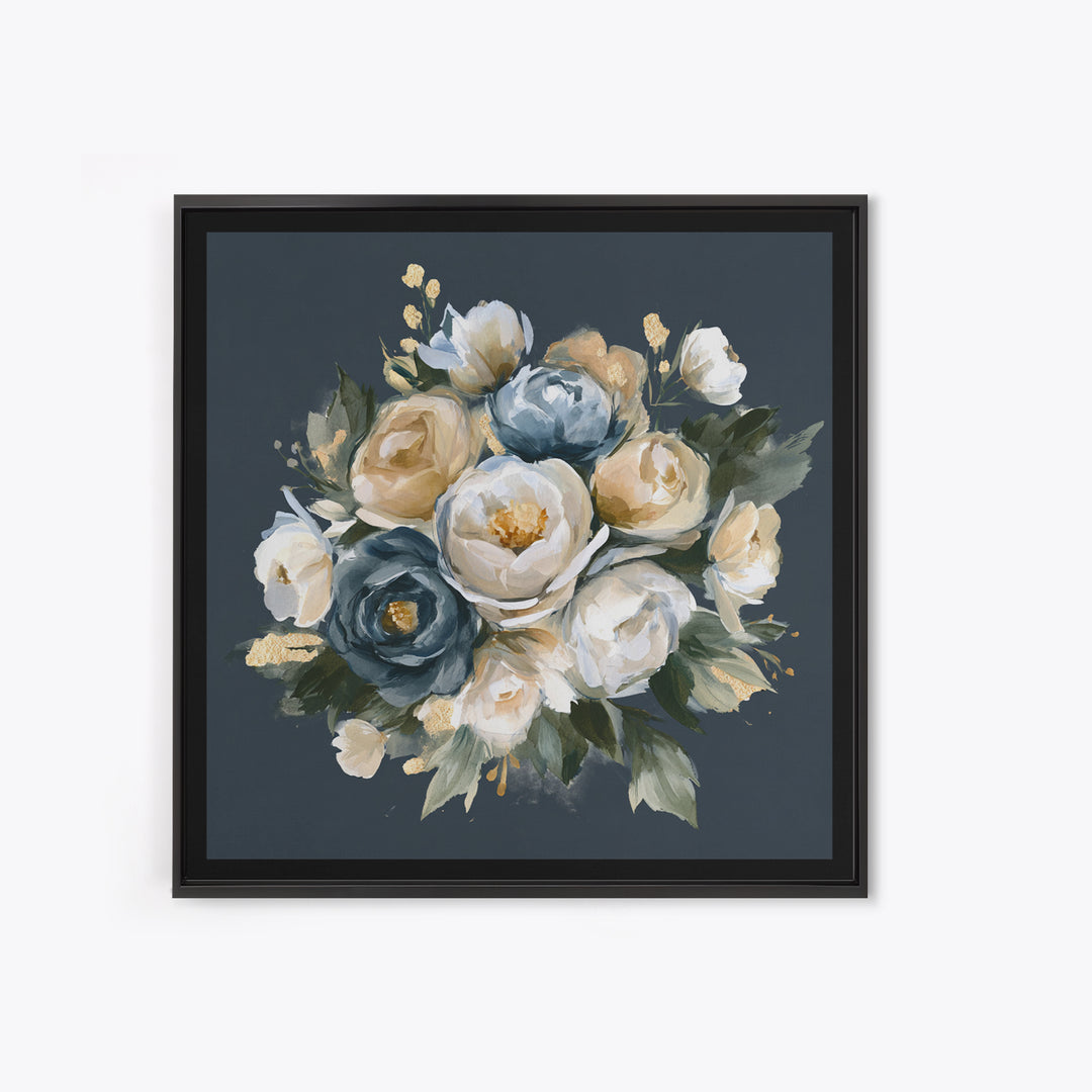Moody Dark Background Bouquet for Formal Dining Framed Canvas Print, Dining Room Art, Neutral Decor, Dining Room Decor, Dining, DRA-1x1-83