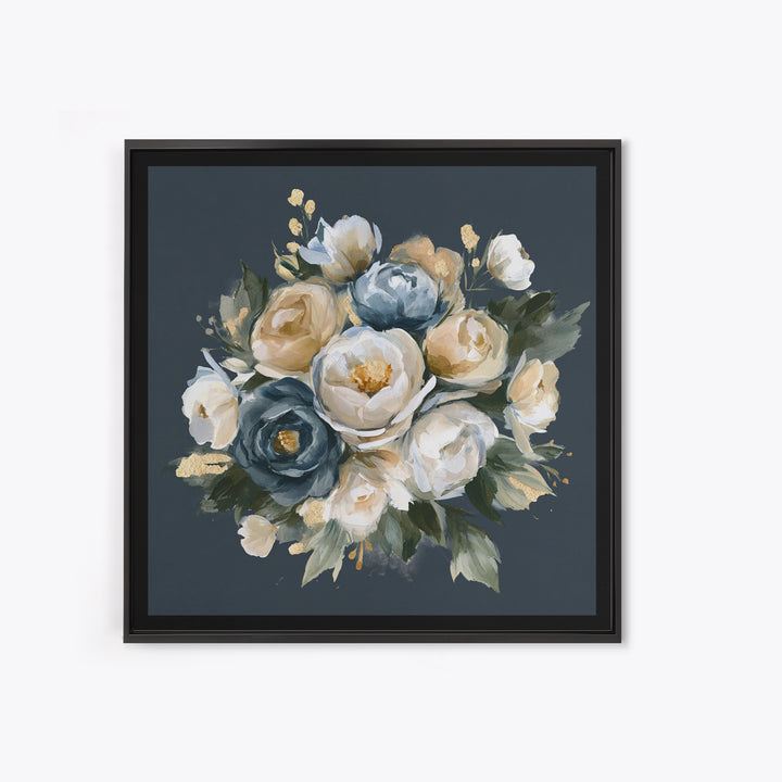 Moody Dark Background Bouquet for Formal Dining Framed Canvas Print, Dining Room Art, Neutral Decor, Dining Room Decor, Dining, DRA-1x1-83