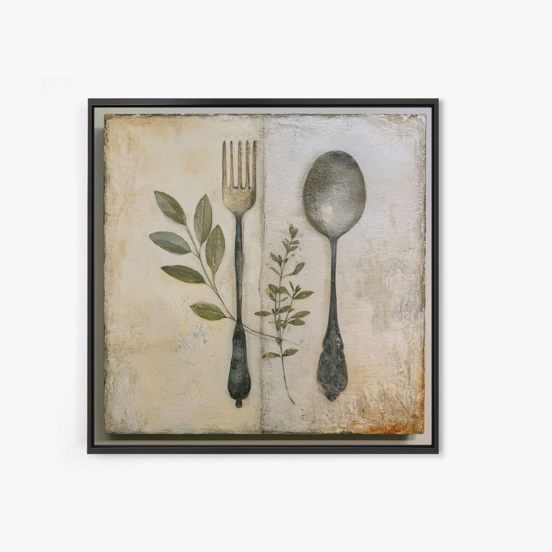 Minimal Fork Spoon and Herb Composition Canvas Print, Dining Room Art, Coastal Wall Art, Dining Room Decor, Fine Art, Dining, DRA-1x1-94