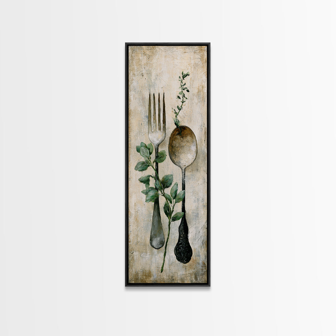 Minimal Fork Spoon and Herb Composition Canvas Print, Dining Room Art, Kitchen Art, Dining Room Decor, Fine Art, Dining, DRA-1x3-10