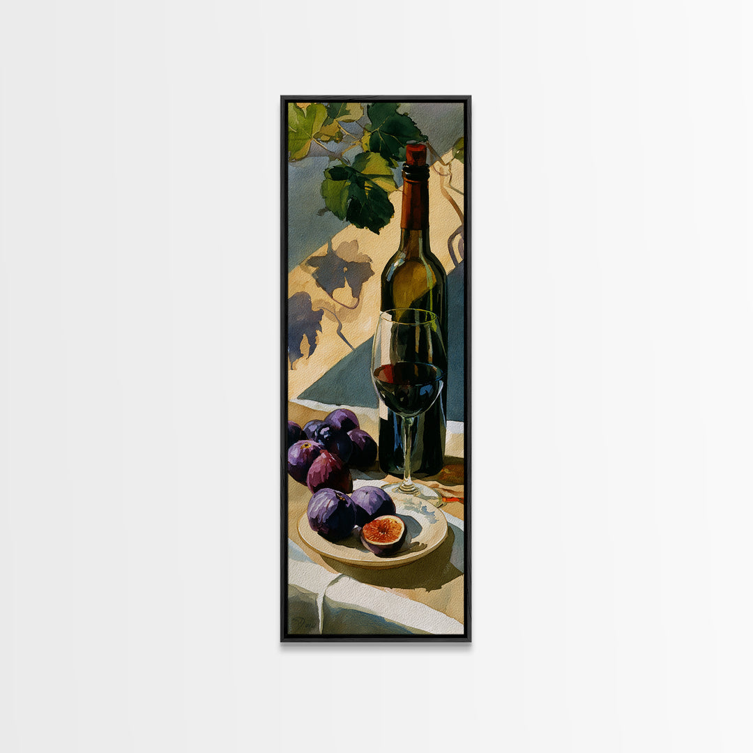 Wine Bottle and Figs on a Linen Framed Canvas Print, Dining Room Art, Statement Artwork, Dining Room Decor, Fine Art, Dining, DRA-1x3-15