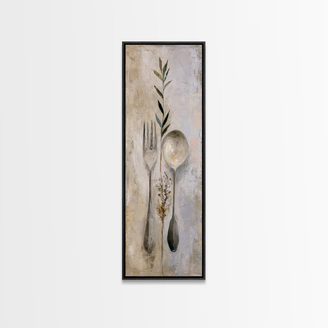 Minimal Fork Spoon and Herb Composition Canvas Print, Dining Room Art, Bedroom Wall Art, Dining Room Decor, Dining, DRA-1x3-34