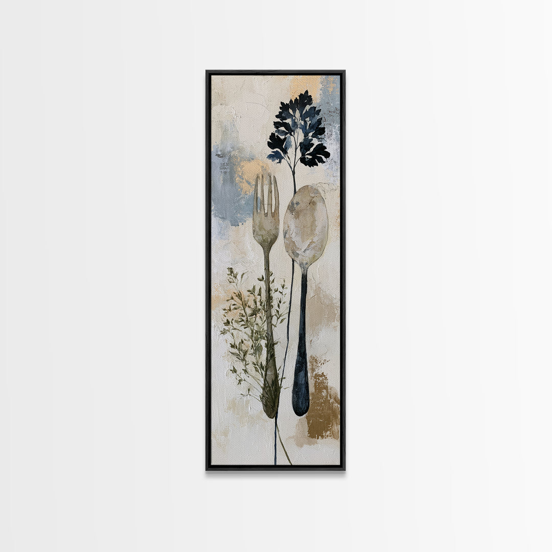 Minimal Fork Spoon and Herb Composition Canvas Print, Dining Room Art, Bedroom Wall Art, Dining Room Decor, Dining, DRA-1x3-58
