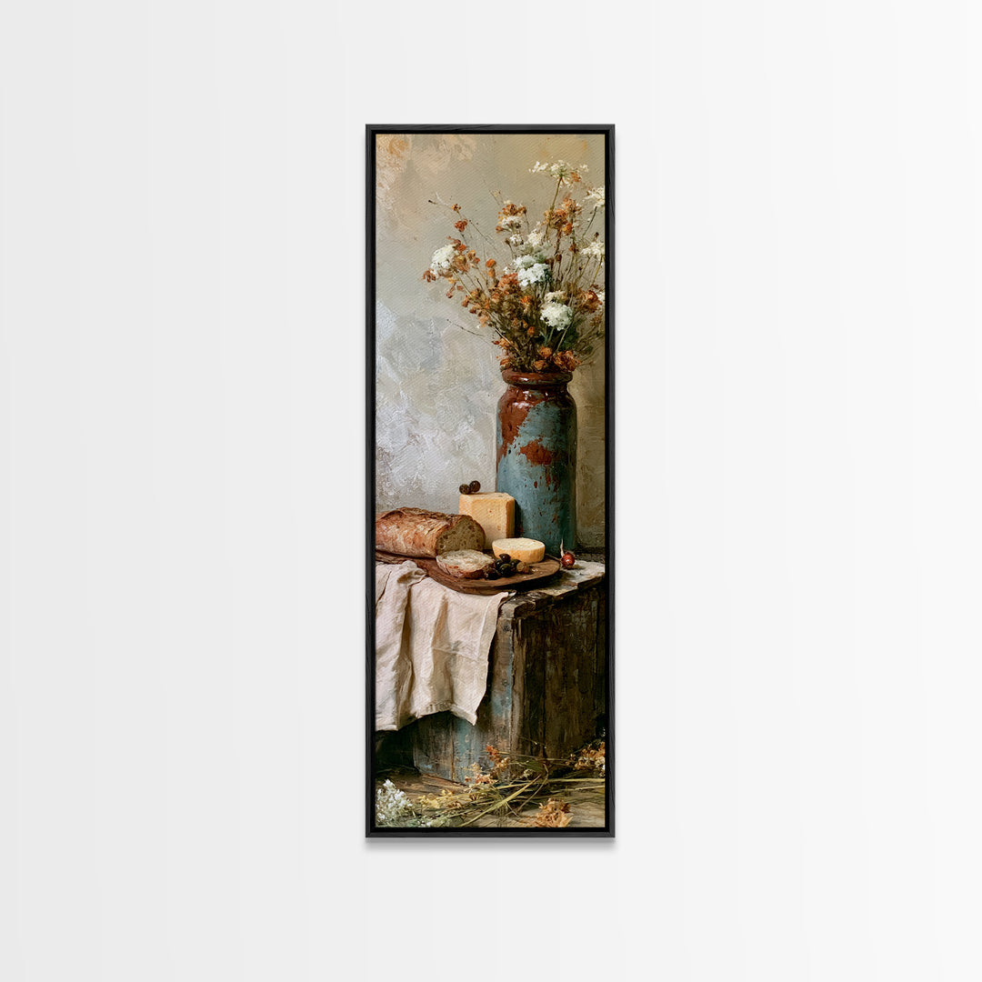 Rustic Bread Olives and Cheese Still Life Canvas Print, Dining Room Art, Trendy Wall Art, Dining Room Decor, Dining, DRA-1x3-66