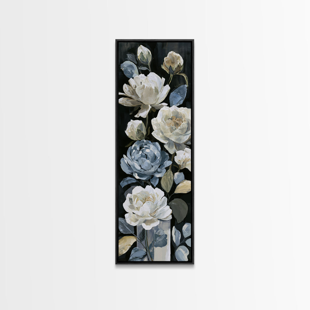 Moody Dark Background Bouquet for Formal Dining Framed Canvas Print, Dining Room Art, Kitchen Decor, Dining Room Decor, Dining, DRA-1x3-71