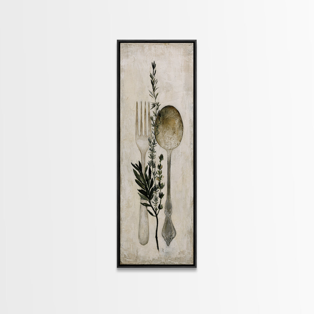Minimal Fork Spoon and Herb Composition Canvas Print, Dining Room Art, Coastal Decor, Dining Room Decor, Oil Painting, Dining, DRA-1x3-82