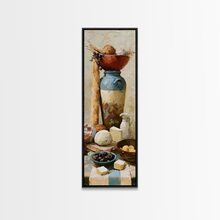 Rustic Bread Olives and Cheese Still Life Canvas Print, Dining Room Art, Modern Decor, Dining Room Decor, Oil Painting, Dining, DRA-1x3-90