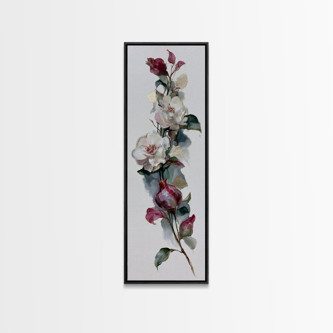 Pomegranate and Gold Leaf Botanical Study Framed Canvas Print, Dining Room Art, Canvas Art, Dining Room Decor, Fine Art, Dining, DRA-1x3-92
