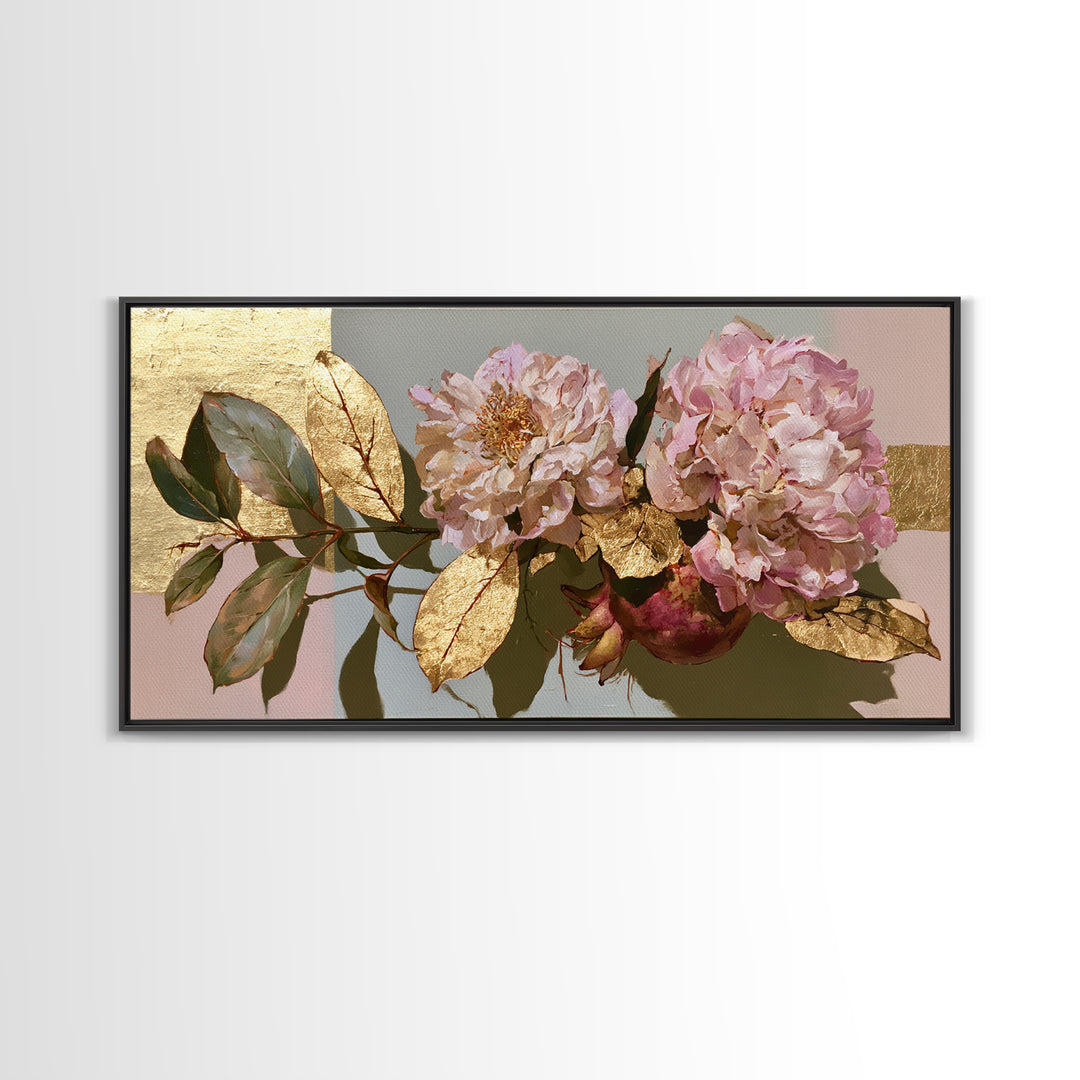Pomegranate and Gold Leaf Botanical Study Canvas Print, Dining Room Art, Bedroom Wall Art, Dining Room Decor, Dining, DRA-2x1-100