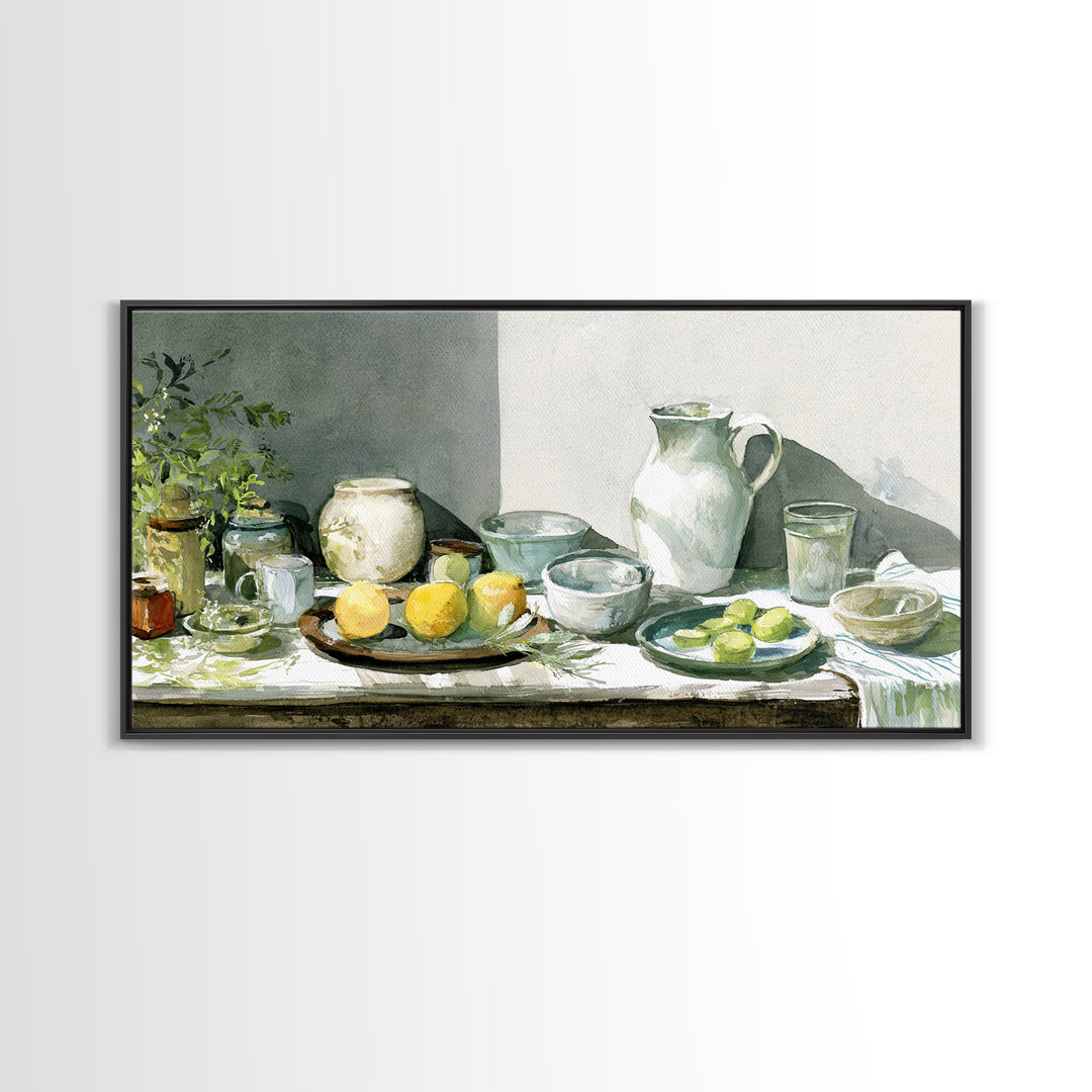 Sunlit Farmhouse Table Objects Without Room View Framed Canvas Print, Dining Room Art, Boho Decor, Dining Room Decor, Dining, DRA-2x1-13