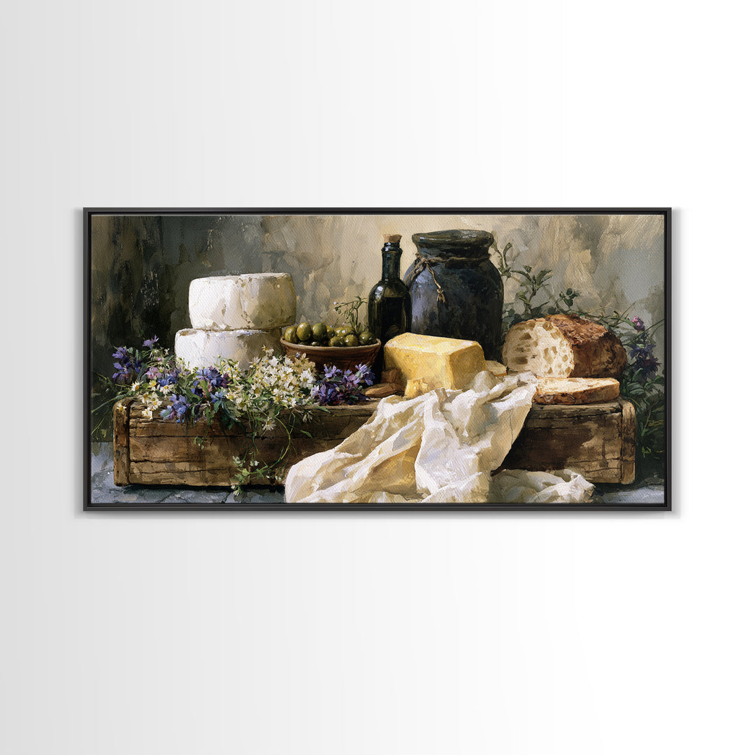 Rustic Bread Olives and Cheese Still Life Canvas Print, Dining Room Art, Neutral Decor, Dining Room Decor, Abstract Art, Dining, DRA-2x1-26