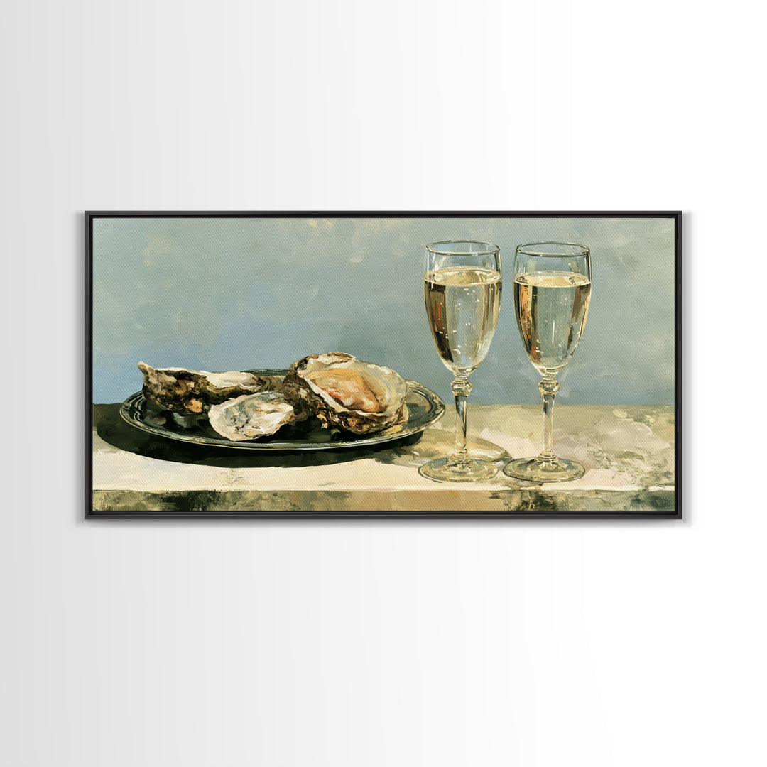 Elegant Oyster and Champagne Still Life Framed Canvas Print, Dining Room Art, Dining Room Decor, Oil Painting, Dining, DRA-2x1-27