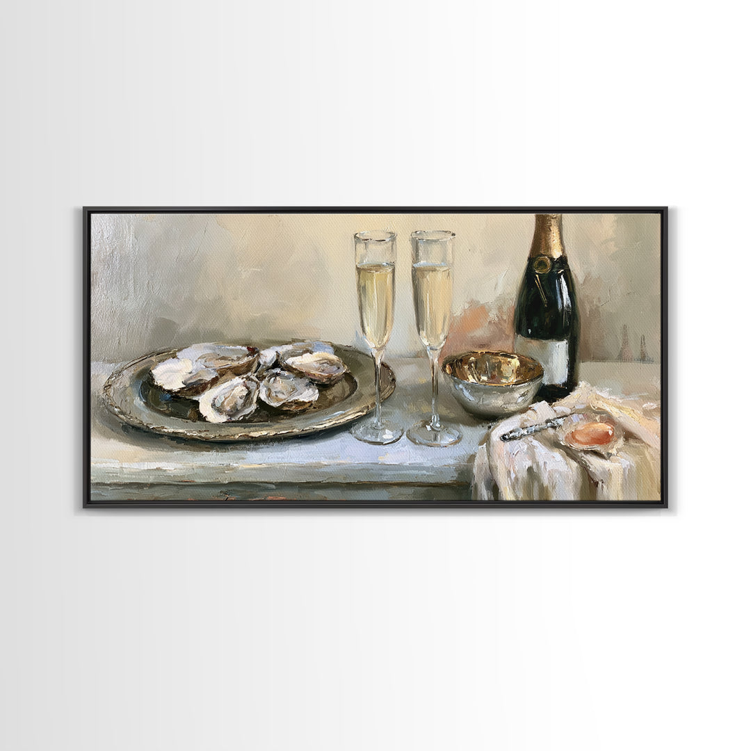 Elegant Oyster and Champagne Still Life Framed Canvas Print, Dining Room Art, Bedroom Decor, Dining Room Decor, Dining, DRA-2x1-3