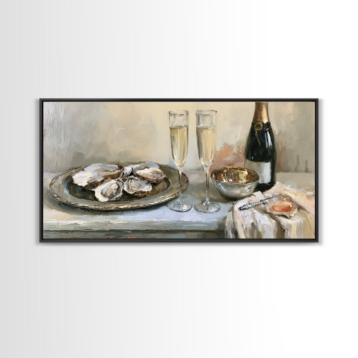 Elegant Oyster and Champagne Still Life Framed Canvas Print, Dining Room Art, Bedroom Decor, Dining Room Decor, Dining, DRA-2x1-3