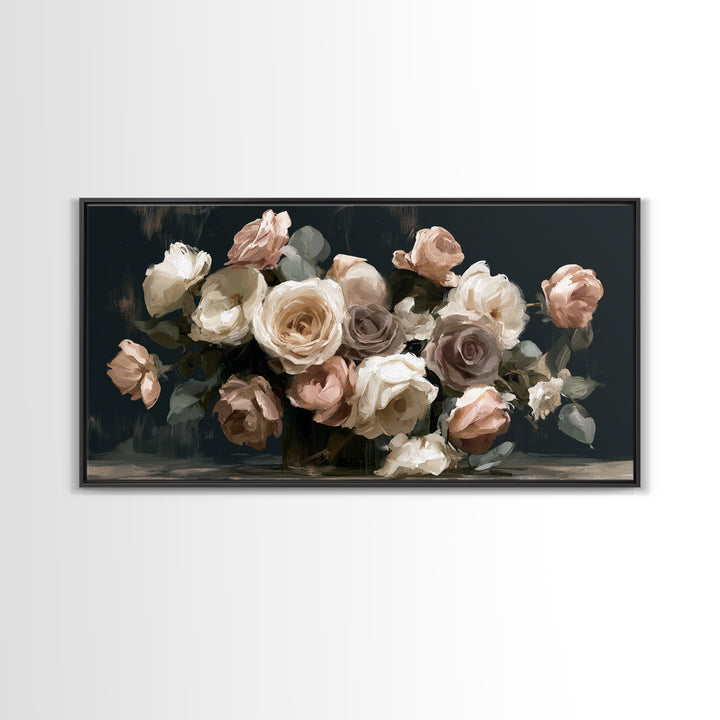 Moody Dark Background Bouquet for Formal Dining Canvas Print, Dining Room Art, Large Wall Art, Dining Room Decor, Dining, DRA-2x1-31