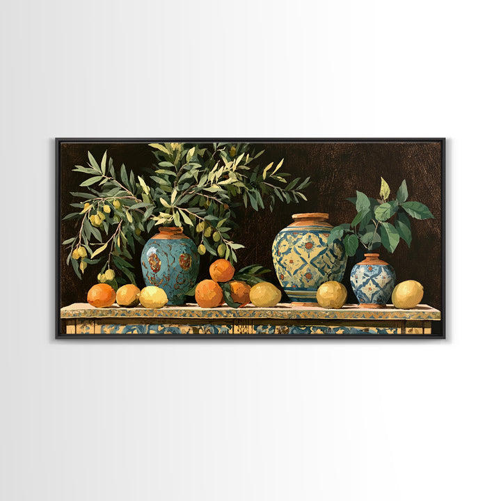 Mediterranean Olive Branch and Citrus Arrangement Canvas Print, Dining Room Art, Minimalist Decor, Dining Room Decor, Dining, DRA-2x1-32