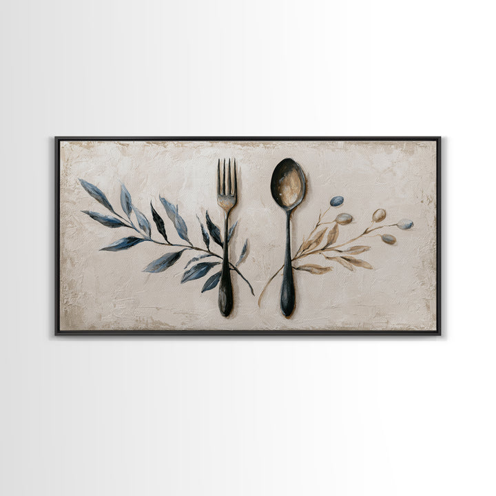 Minimal Fork Spoon and Herb Composition Framed Canvas Print, Dining Room Art, Gallery Decor, Dining Room Decor, Dining, DRA-2x1-42