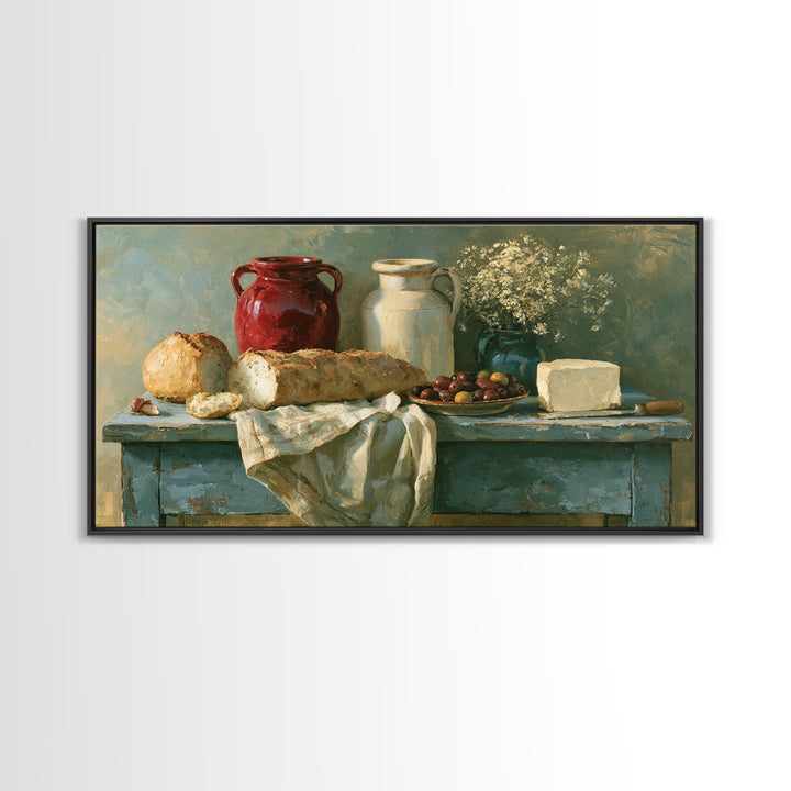 Rustic Bread Olives and Cheese Still Life Framed Canvas Print, Dining Room Art, Luxury Decor, Dining Room Decor, Dining, DRA-2x1-50