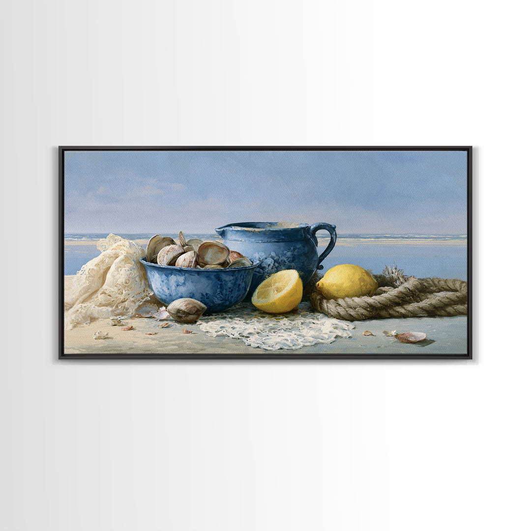 Shellfish and Lemon Still Life Framed Canvas Print, Dining Room Art, Large Wall Art, Dining Room Decor, Oil Painting, Dining, DRA-2x1-60