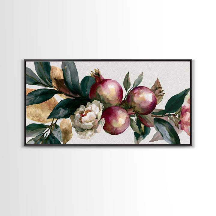 Pomegranate and Gold Leaf Botanical Study Canvas Print, Dining Room Art, Kitchen Art, Dining Room Decor, Fine Art, Dining, DRA-2x1-76