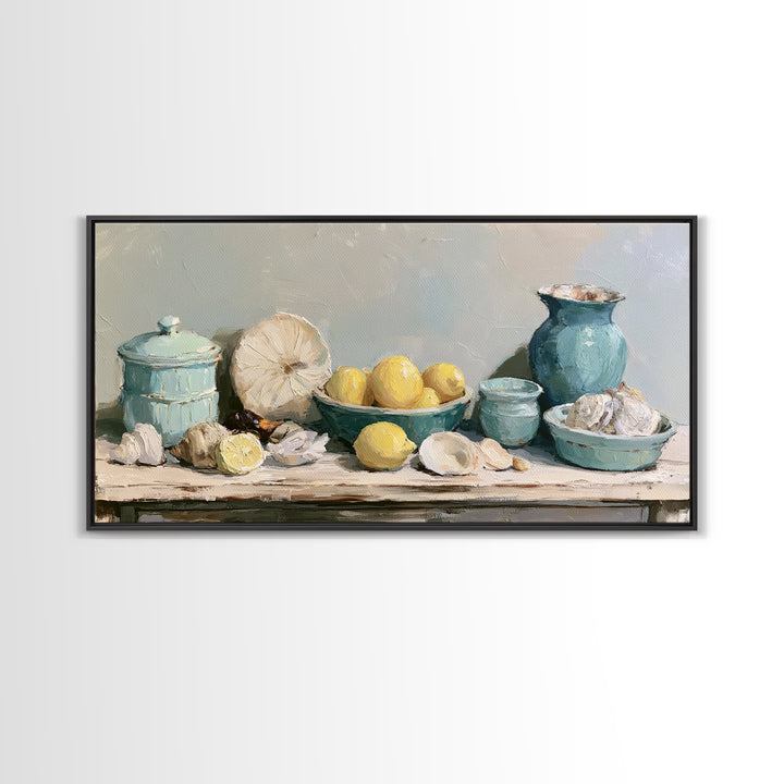 Shellfish and Lemon Still Life Framed Canvas Print, Dining Room Art, Abstract Wall Art, Dining Room Decor, Fine Art, Dining, DRA-2x1-84