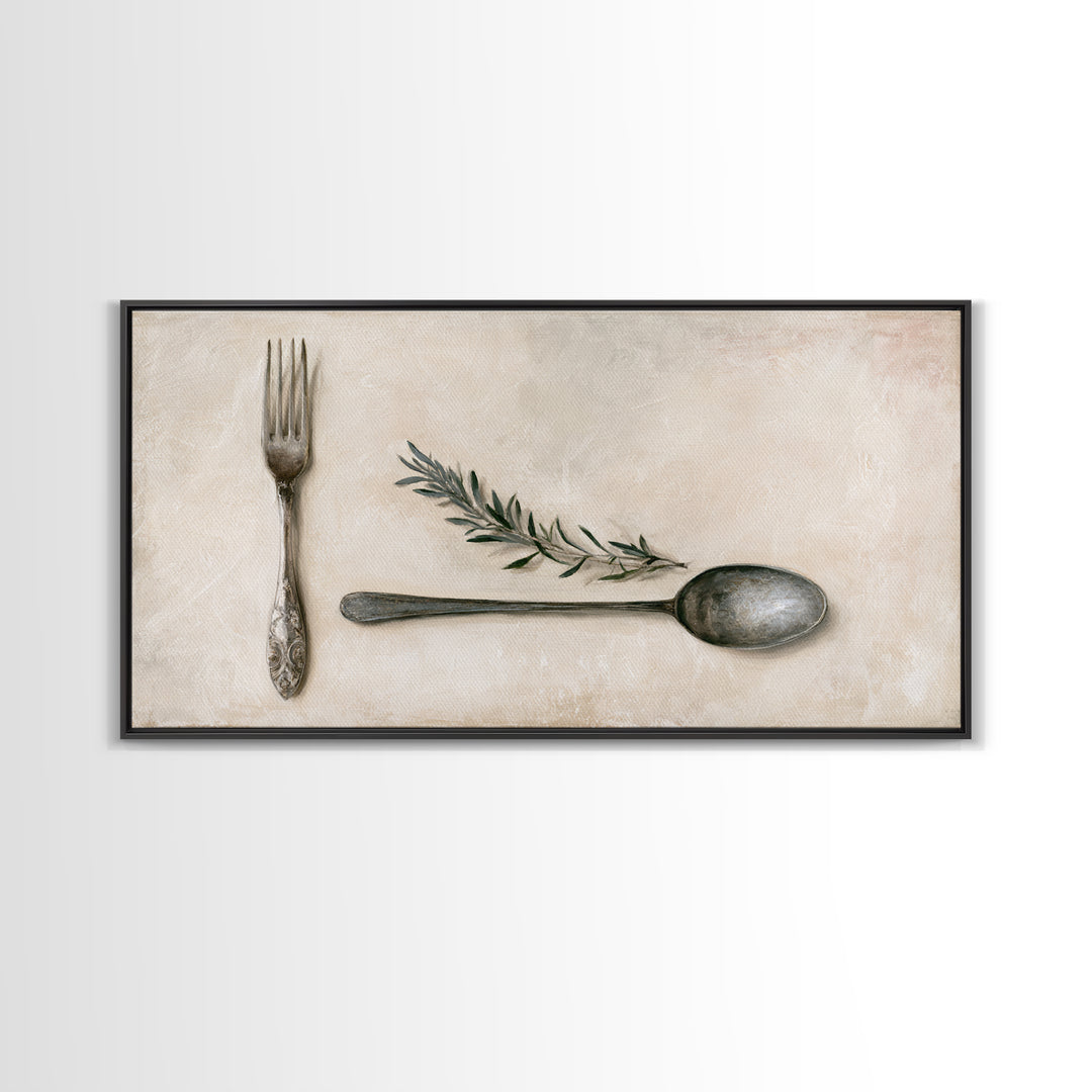 Minimal Fork Spoon and Herb Composition Framed Canvas Print, Dining Room Art, Dining Room Decor, Oil Painting, Dining, DRA-2x1-90