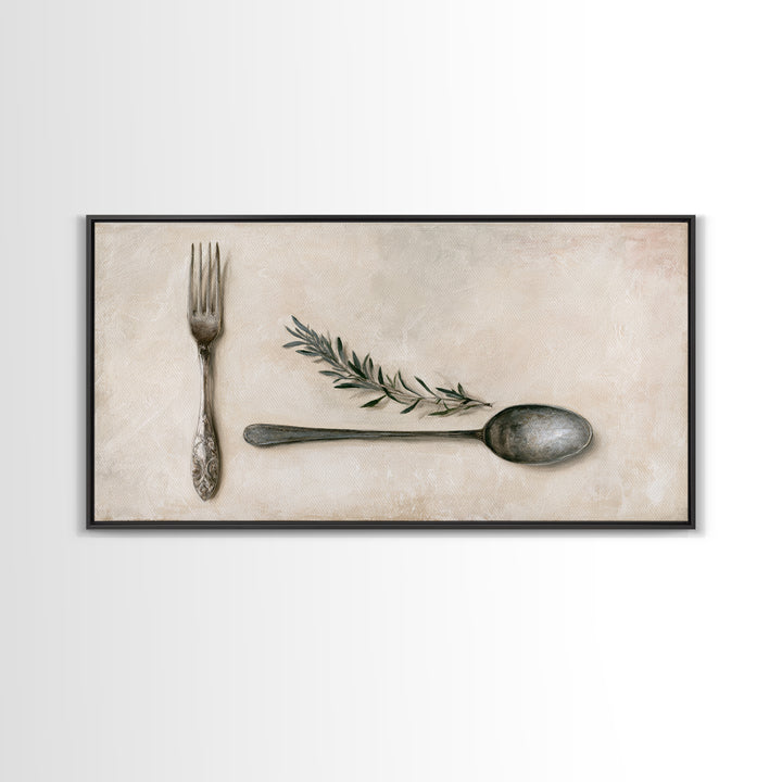 Minimal Fork Spoon and Herb Composition Framed Canvas Print, Dining Room Art, Dining Room Decor, Oil Painting, Dining, DRA-2x1-90