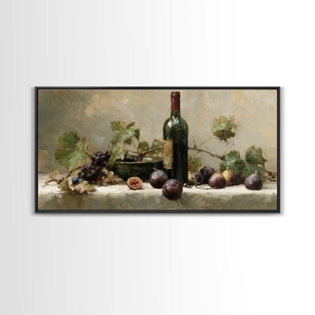 Wine Bottle and Figs on a Linen Framed Canvas Print, Dining Room Art, Coastal Decor, Dining Room Decor, Fine Art, Dining, DRA-2x1-95