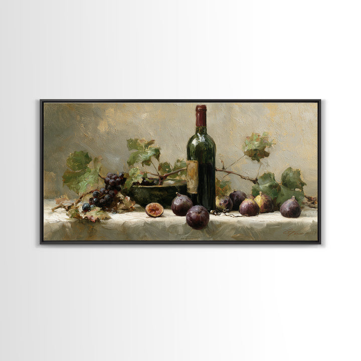 Wine Bottle and Figs on a Linen Framed Canvas Print, Dining Room Art, Coastal Decor, Dining Room Decor, Fine Art, Dining, DRA-2x1-95