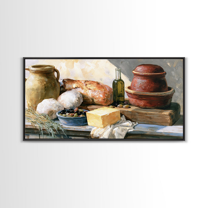 Rustic Bread Olives and Cheese Still Life Canvas Print, Dining Room Art, Dining Room Decor, Watercolor Art, Dining, DRA-2x1-98
