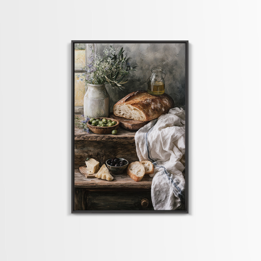 Rustic Bread Olives and Cheese Still Life Canvas Print, Dining Room Art, Modern Decor, Dining Room Decor, Oil Painting, Dining, DRA-2x3-14