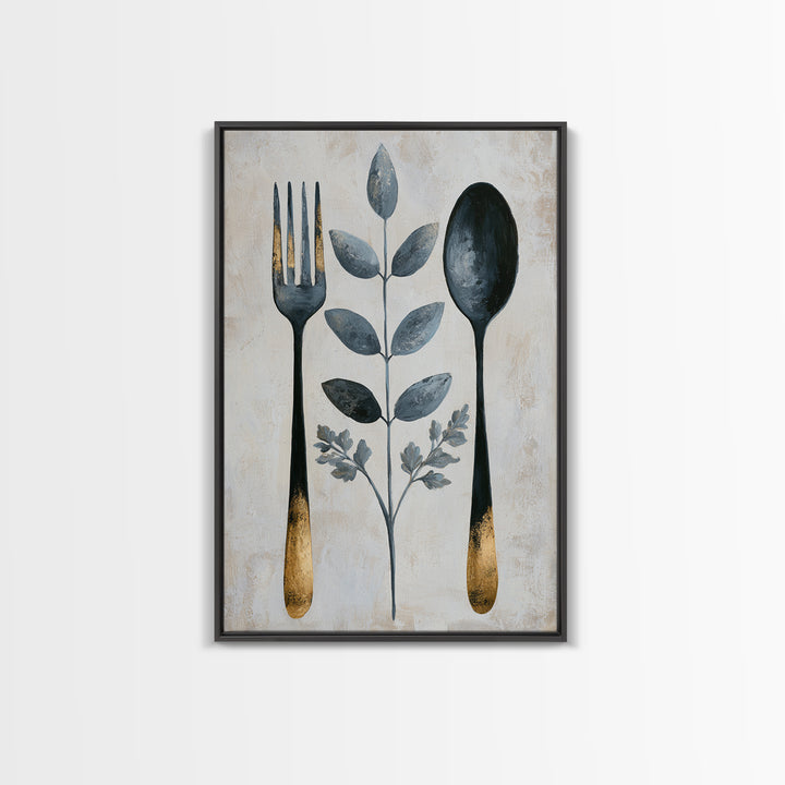 Minimal Fork Spoon and Herb Composition Framed Canvas Print, Dining Room Art, Wall Decor, Dining Room Decor, Fine Art, Dining, DRA-2x3-30