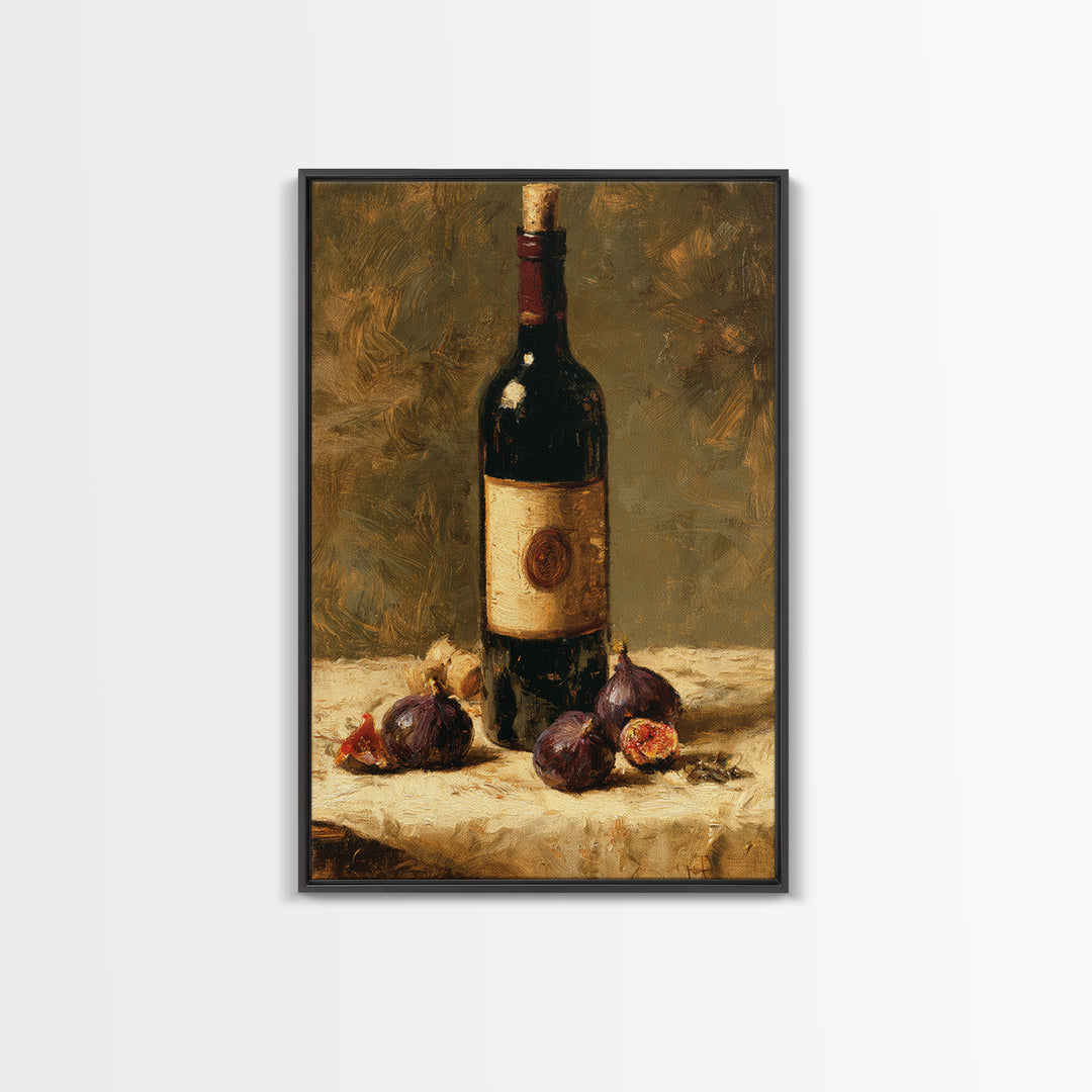 Wine Bottle and Figs on a Linen Canvas Print, Dining Room Art, Gallery Decor, Dining Room Decor, Abstract Art, Dining, DRA-2x3-35