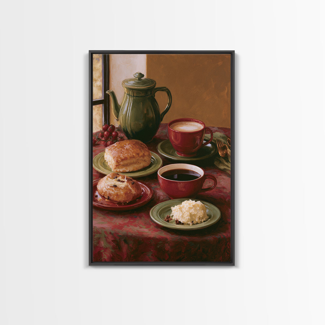 Coffee and Pastry Scene for Breakfast Nook Framed Canvas Print, Dining Room Art, Statement Artwork, Dining Room Decor, Dining, DRA-2x3-46
