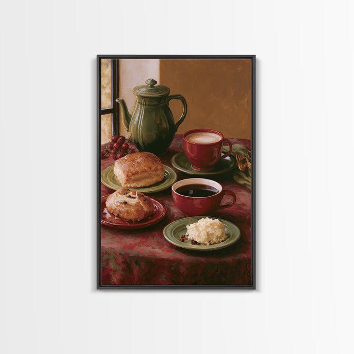 Coffee and Pastry Scene for Breakfast Nook Framed Canvas Print, Dining Room Art, Statement Artwork, Dining Room Decor, Dining, DRA-2x3-46