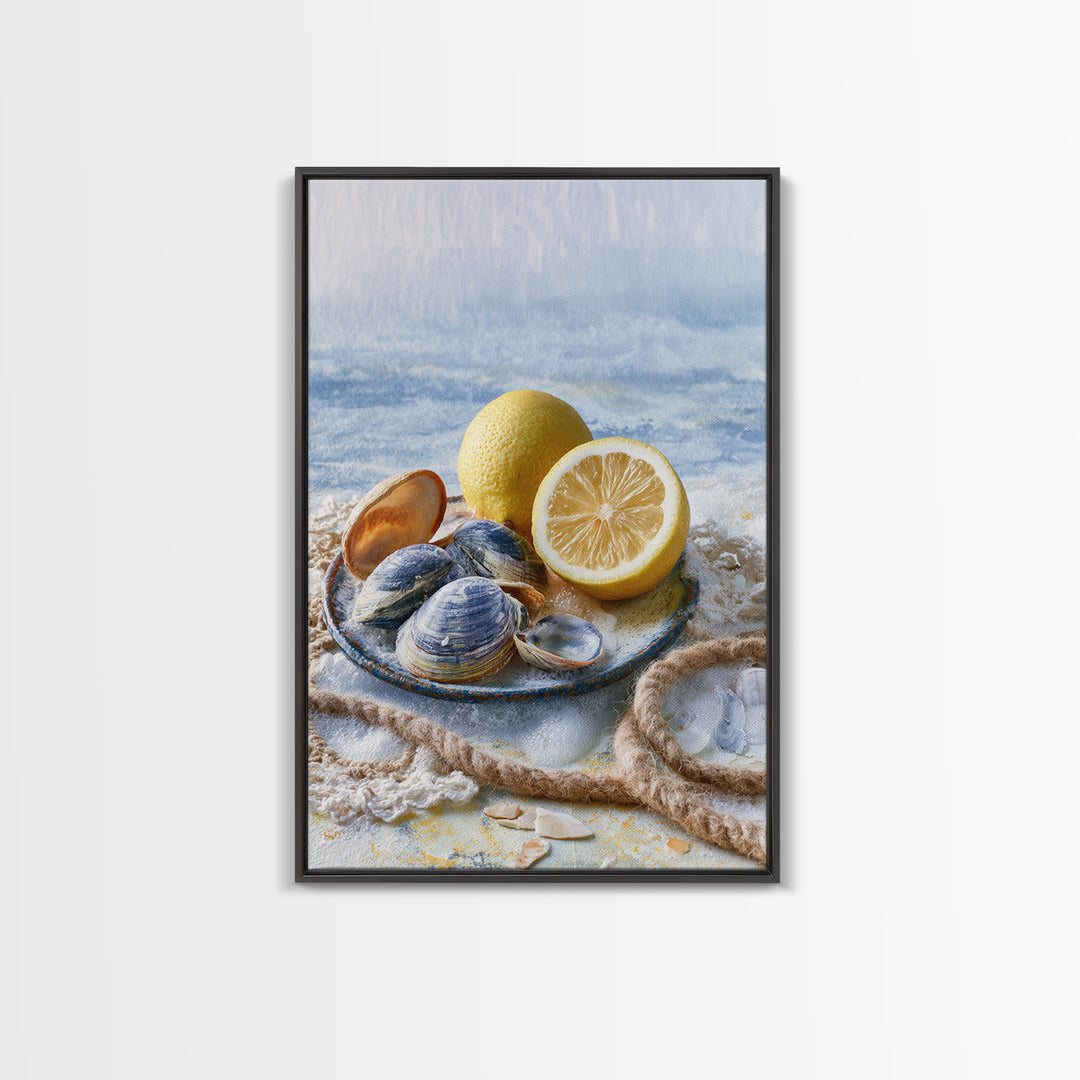 Shellfish and Lemon Still Life Framed Canvas Print, Dining Room Art, Kitchen Prints, Dining Room Decor, Watercolor Art, Dining, DRA-2x3-48