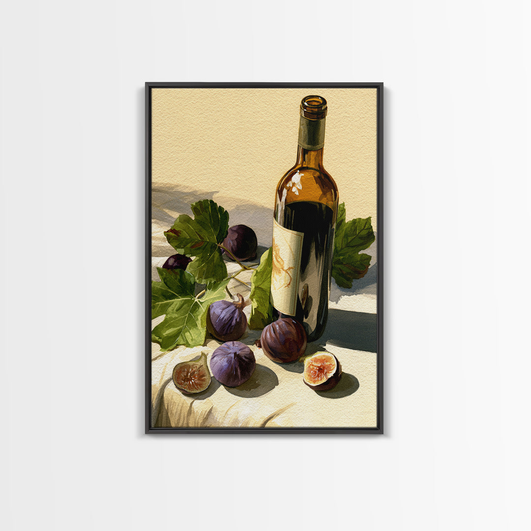 Wine Bottle and Figs on a Linen Framed Canvas Print, Dining Room Art, Boho Decor, Dining Room Decor, Abstract Art, Dining, DRA-2x3-59