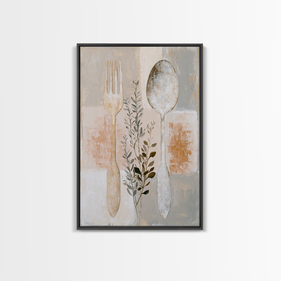 Minimal Fork Spoon and Herb Composition Framed Canvas Print, Dining Room Art, Wall Decor, Dining Room Decor, Fine Art, Dining, DRA-2x3-6