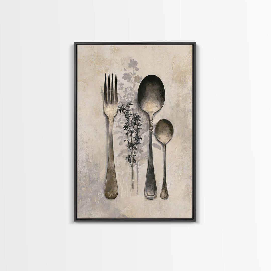 Minimal Fork Spoon and Herb Composition Framed Canvas Print, Dining Room Art, Minimalist Decor, Dining Room Decor, Dining, DRA-2x3-78