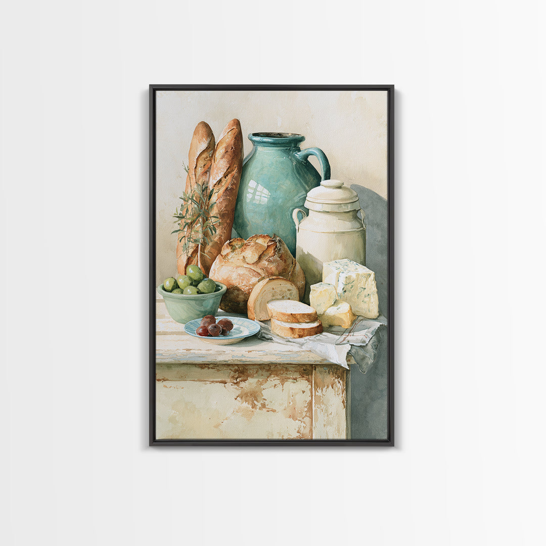 Rustic Bread Olives and Cheese Still Life Canvas Print, Dining Room Art, Wall Art, Dining Room Decor, Abstract Art, Dining, DRA-2x3-86