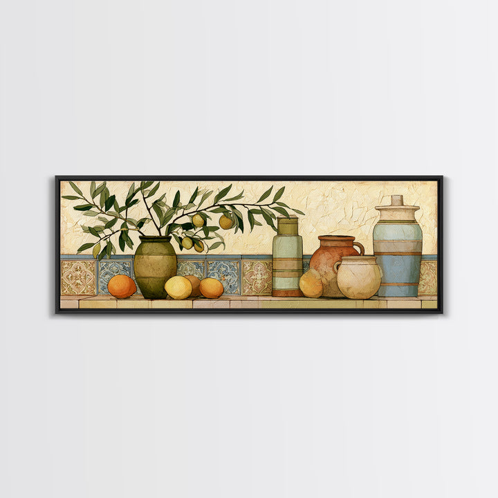 Mediterranean Olive Branch and Citrus Arrangement Canvas Print, Dining Room Art, Coastal Wall Art, Dining Room Decor, Dining, DRA-3x1-100
