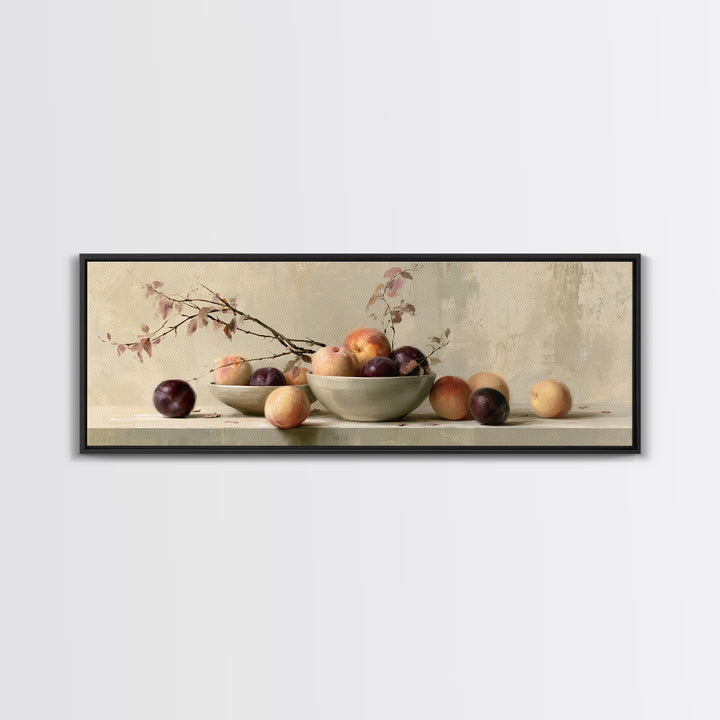 Peach and Plum Still Life Framed Canvas Print, Dining Room Art, Kitchen Wall Decor, Dining Room Decor, Fine Art, Dining, DRA-3x1-12