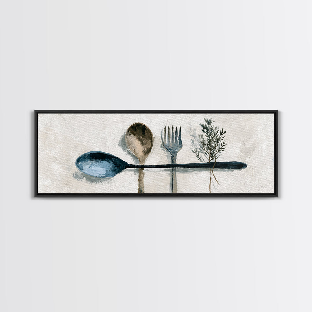 Minimal Fork Spoon and Herb Composition Canvas Print, Dining Room Art, Coastal Wall Art, Dining Room Decor, Fine Art, Dining, DRA-3x1-14
