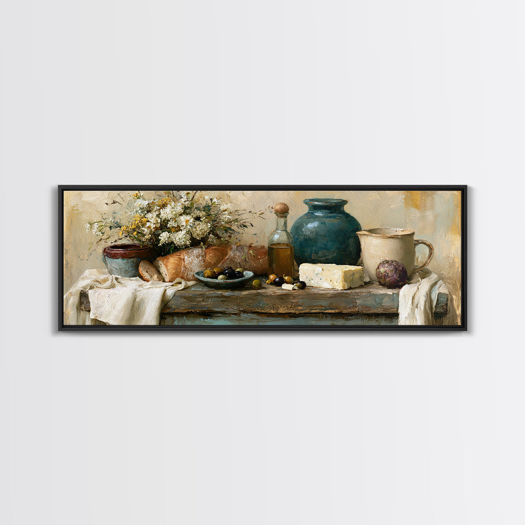 Rustic Bread Olives and Cheese Still Life Canvas Print, Dining Room Art, Neutral Decor, Dining Room Decor, Abstract Art, Dining, DRA-3x1-22