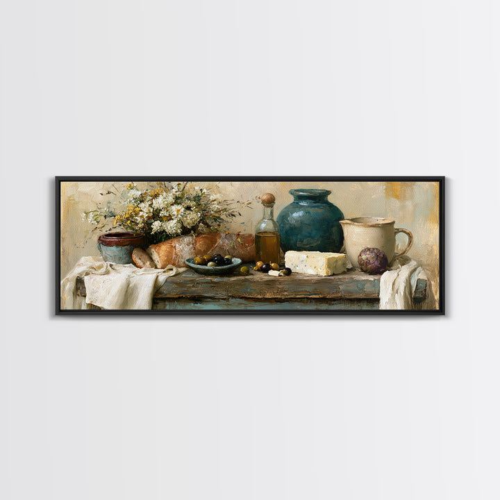 Rustic Bread Olives and Cheese Still Life Canvas Print, Dining Room Art, Neutral Decor, Dining Room Decor, Abstract Art, Dining, DRA-3x1-22