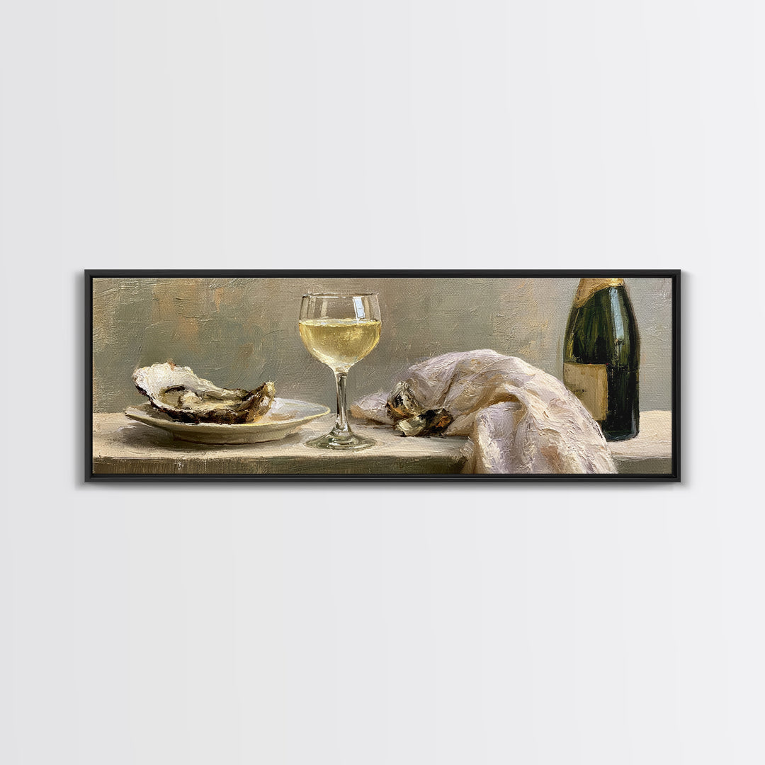 Elegant Oyster and Champagne Still Life Framed Canvas Print, Dining Room Art, Neutral Decor, Dining Room Decor, Dining, DRA-3x1-23