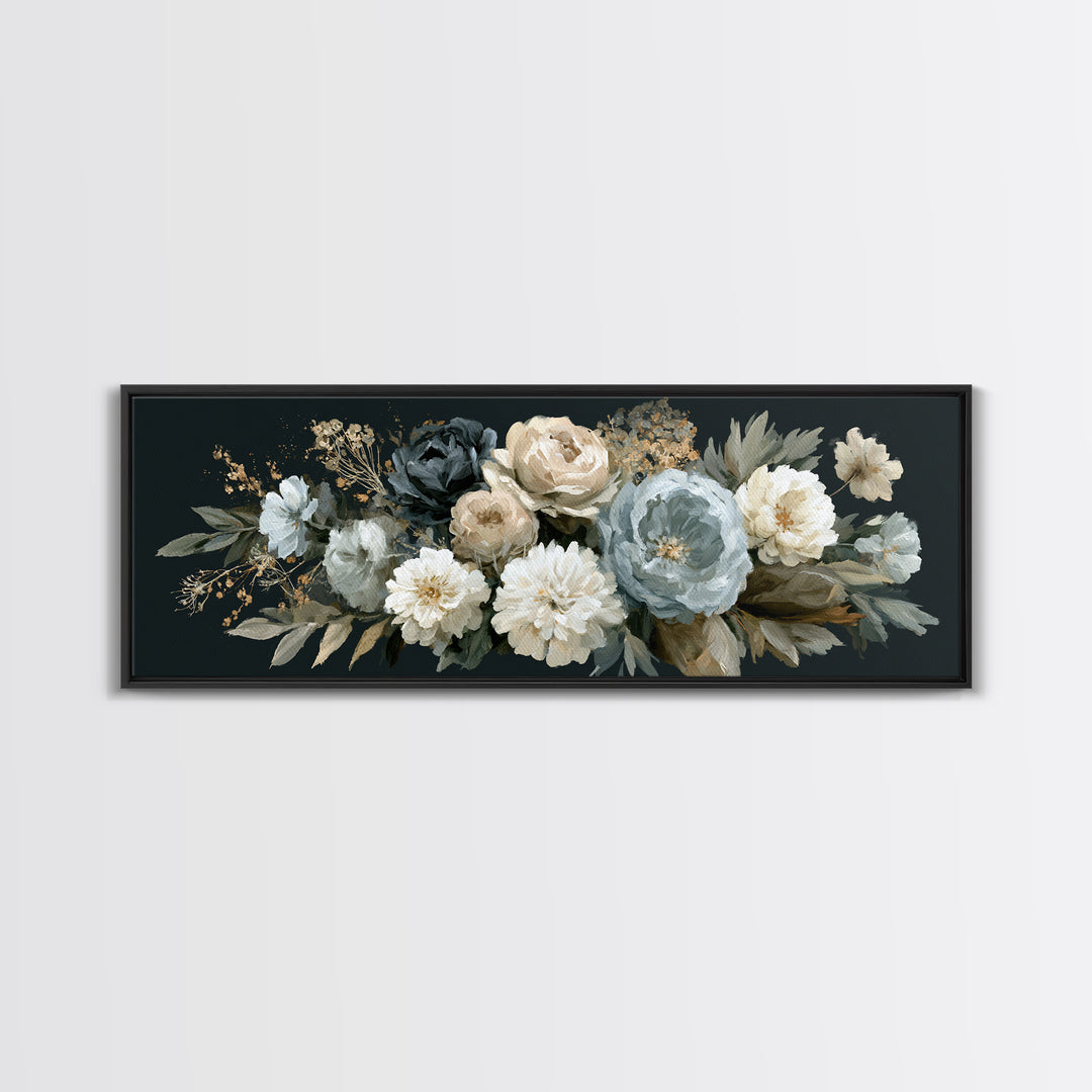 Moody Dark Background Bouquet for Formal Dining Framed Canvas Print, Dining Room Art, Modern Decor, Dining Room Decor, Dining, DRA-3x1-27